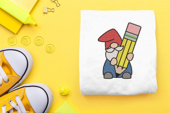 Adorable School Gnome with Pencil Embroidery